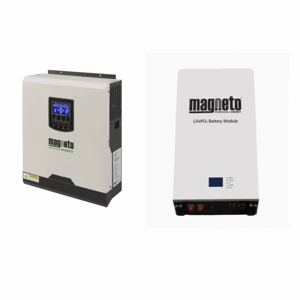 Magneto Inverter VP-3KW-24V MPPT+Wifi Dongle and Magneto Lithium LifePo4 Wall Mount 2.56kWh Battery