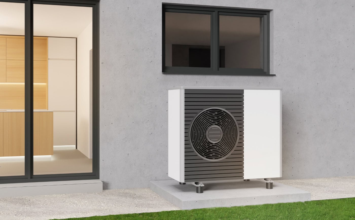 Air heat pump standing outdoors. Modern, environmentally friendly heating. Save your money with air pump. Air source heat pumps are efficient and renewable source of energy. 3d rendering. Geyser Heat Pumps in South Africa: The Smart Way to Heat Your Water and Slash Electricity Costs